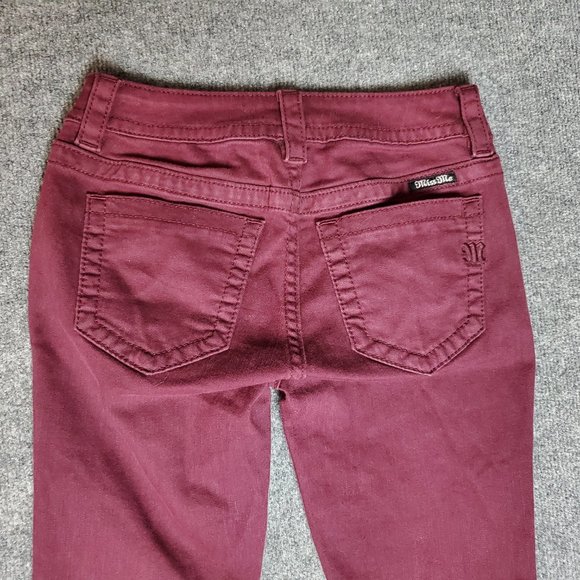 Miss Me Mid Rise Skinny 25 (Meas 26x29 7" Low Rise) Burgundy Denim EUC Jeans A21 - Picture 6 of 9